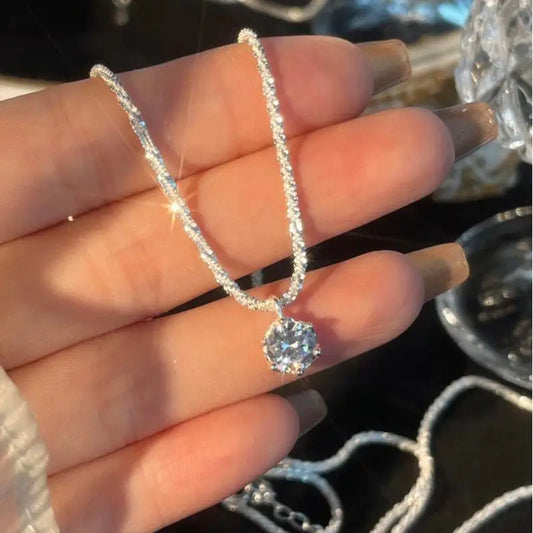 S925 Sterling Silver Sparkling Necklace for Women Light Luxury Round White Diamond Pendant Galaxy Collar Chain Jewellery