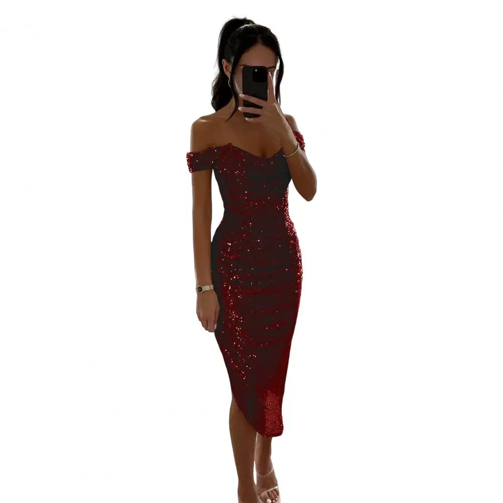 Sequined Evening Gown Sexy Low-cut Off Shoulder Slim Fit Bodycon Dress Shinny Sequins Irregular Hem Cocktail Party Midi Dress