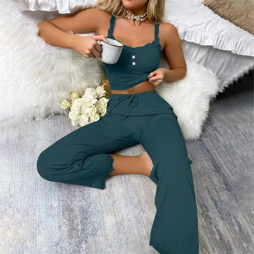 Women's Sexy Pajamas Set Summer Ribbed Sleeveless Top Long Pants Sleepwear 2 Piece Set For Women Home Casual Suspender Suit