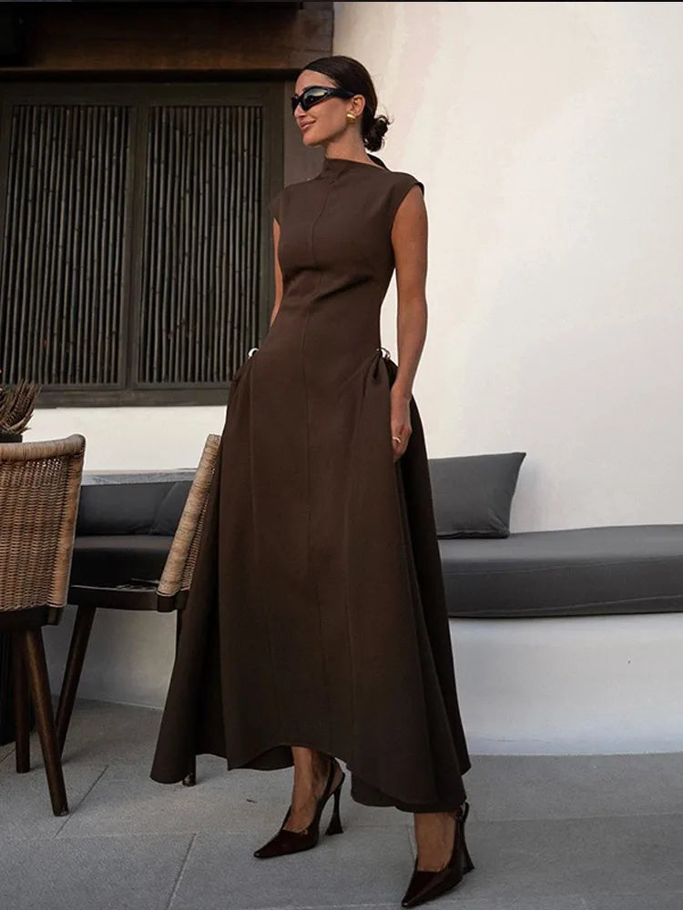 Chic Solid Slanted Collar Pleated A-line Maxi Dress Women's Elegant Sleeveless High Waist Slim Dresses Female Evening Robes