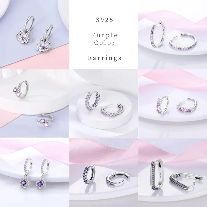 Purple Zircon Hoop Earrings 925 Sterling Silver Original U-shaped Liquid Metal Love Heart Fashion Earrings For Women Jewellery