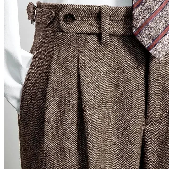 Men's Fashion High Waist Wool Trousers Tweed Casual Pockets Pants