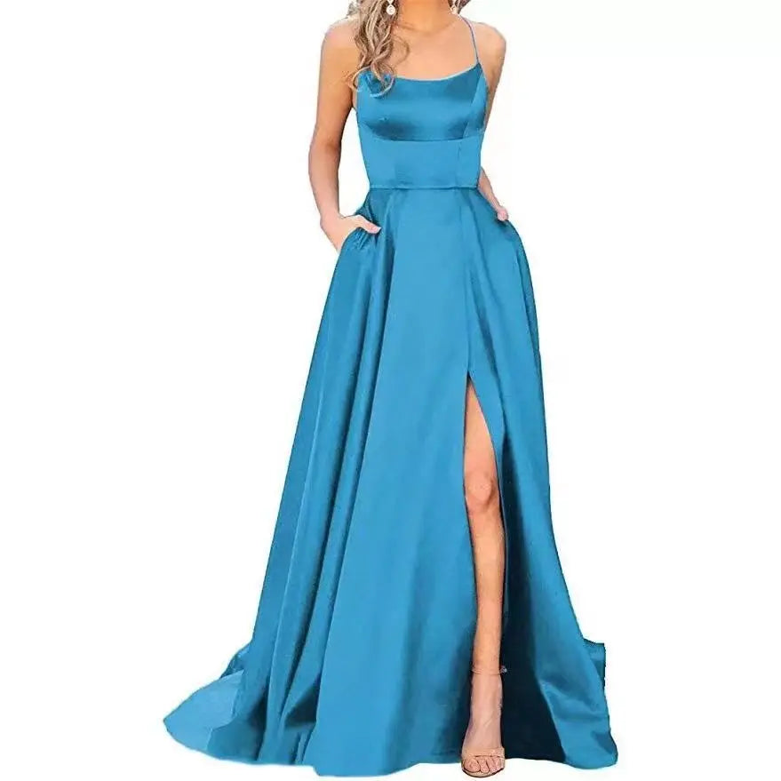 Women's Banquet Slit Long Dress With Small Tail Suspender Solid Color Banquet Evening Dress Long Dress