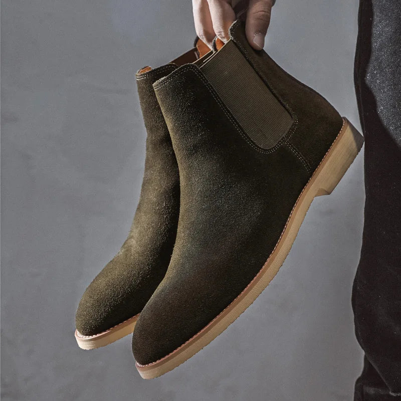 British Style Men's Genuine Suede Leather Chelsea Boots High-top Business Dress Shoes Fashion Warm Winter Men Riding Boots