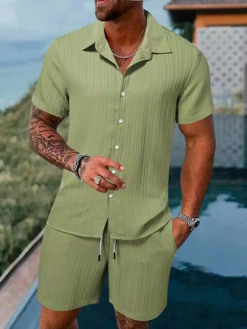 Men's Beach Suit, Striped and Solid Color Short Sleeve Shirt with Shorts, Sports Casual, Breathable, Lightweight, High-Quality Men's Wear.