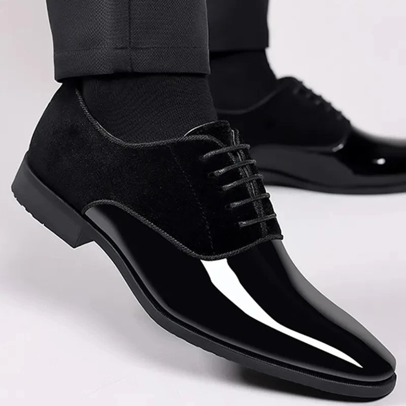 Black PU Patent Leather Shoes for Men Casual Business Shoes Lace Up