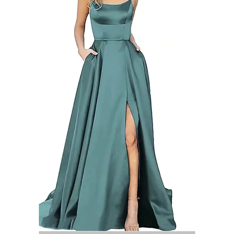 Women's Banquet Slit Long Dress With Small Tail Suspender Solid Color Banquet Evening Dress Long Dress