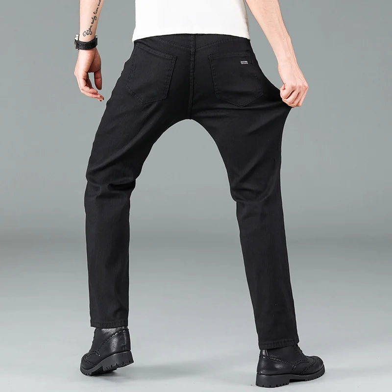 Men's pure black jeans Korean version trendy straight fit pants men's comfortable and elastic classic business jeans