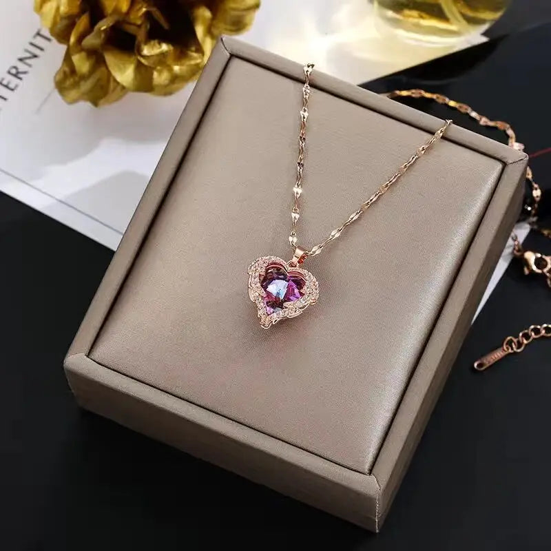 Luxury Colorful Crystal Ocean Heart Pendant Necklace For Women Trendy 316L Stainless Steel Jewellery Female Wedding Neck Chain