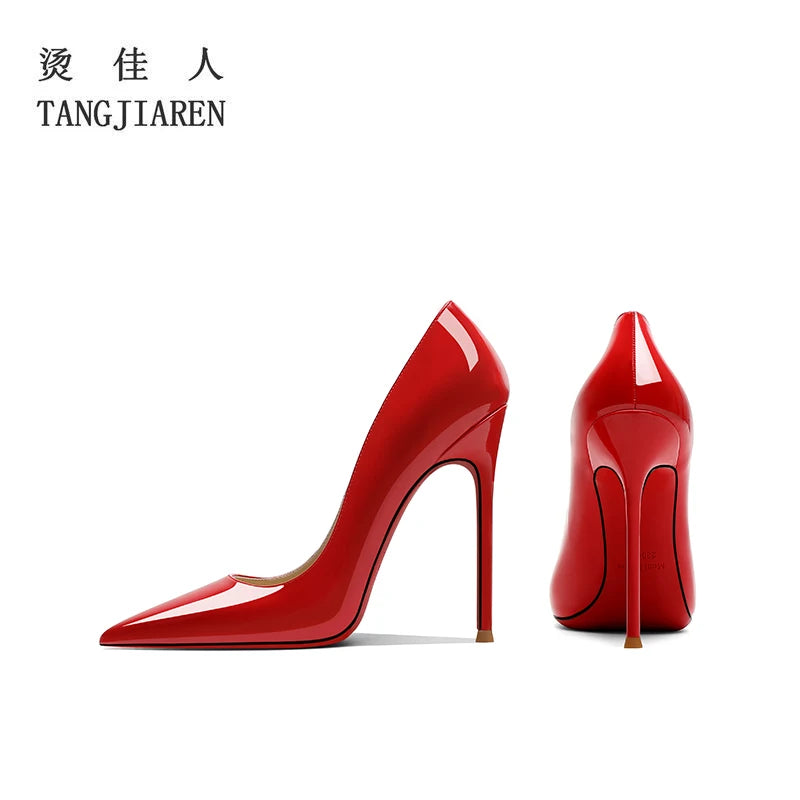 Lacquer leather wine red high heels, women's thin heels, sexy shallow mouth, large size, spring and autumn new pointed toe