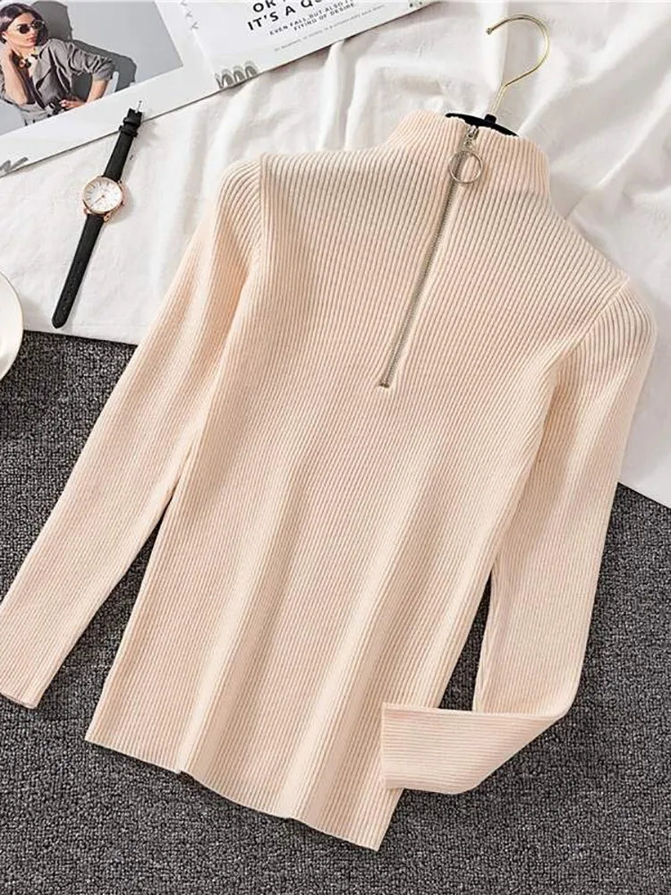 Women Fashion Solid Knitted Sweaters Vintage Long Sleeve Zip-up Basic Half Turtleneck Sweater Female Pullovers Chic Casual Tops