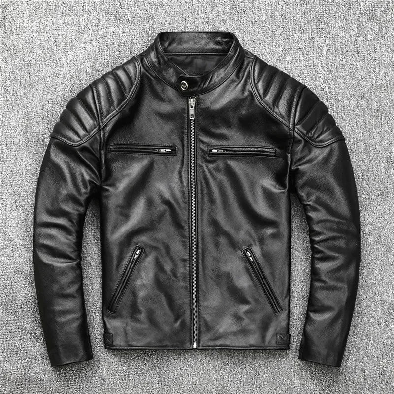 New Vintage Style Mens Cowhide Clothes Biker Genuine Leather Jacket Fashion Brown Leather slim coat men