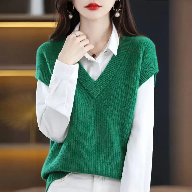 Autumn and Winter Knitted Vest Women V-neck Solid Bat Shirt Loose Versatile Sleeveless Knitted Sweater Pullover Female Top