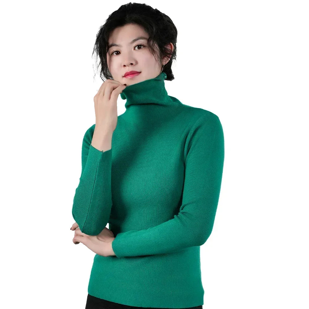 Women Long Sleeve Sweater High Collar Thermal Tops Turtleneck Woman Winter Thin Slim Jumpers Choker Sweaters