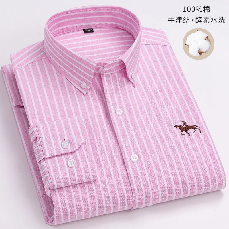 Cotton Oxford Shirt For Mens Long Sleeve Casual Business Regular-Fit Formal Dress Shirts Social Blouse Male Clothes