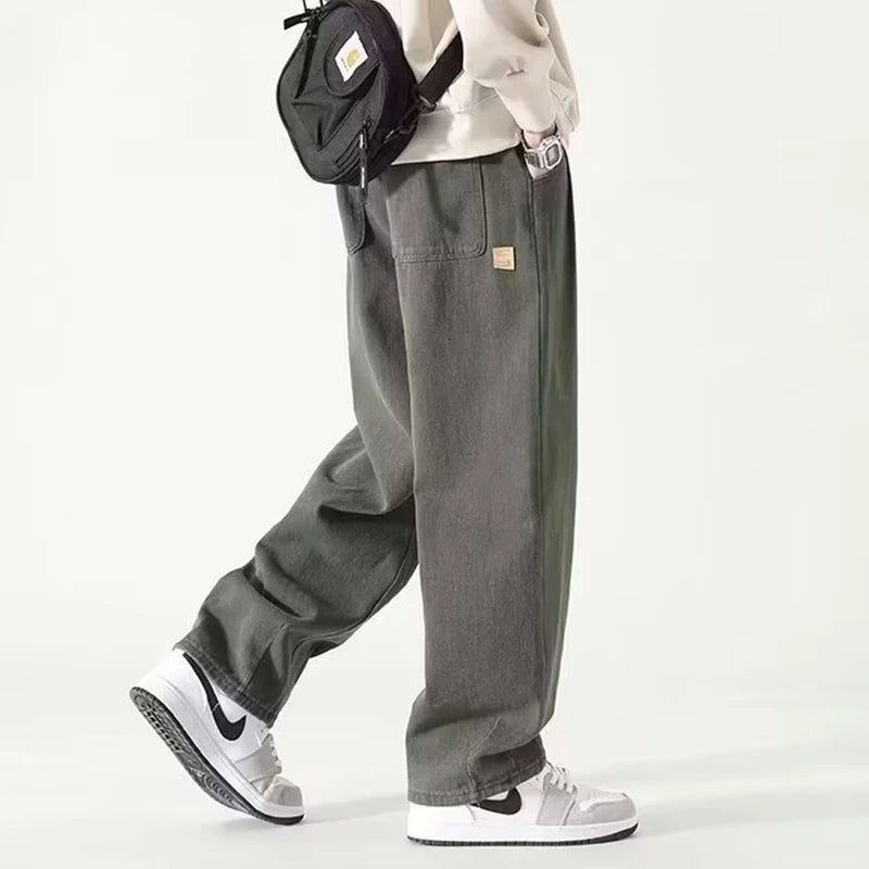 American Fashion Brand Wide Leg Pants Men Green Khaki Joggers Baggy Drawstring Cargo Trousers Men Y2K All-match Pants