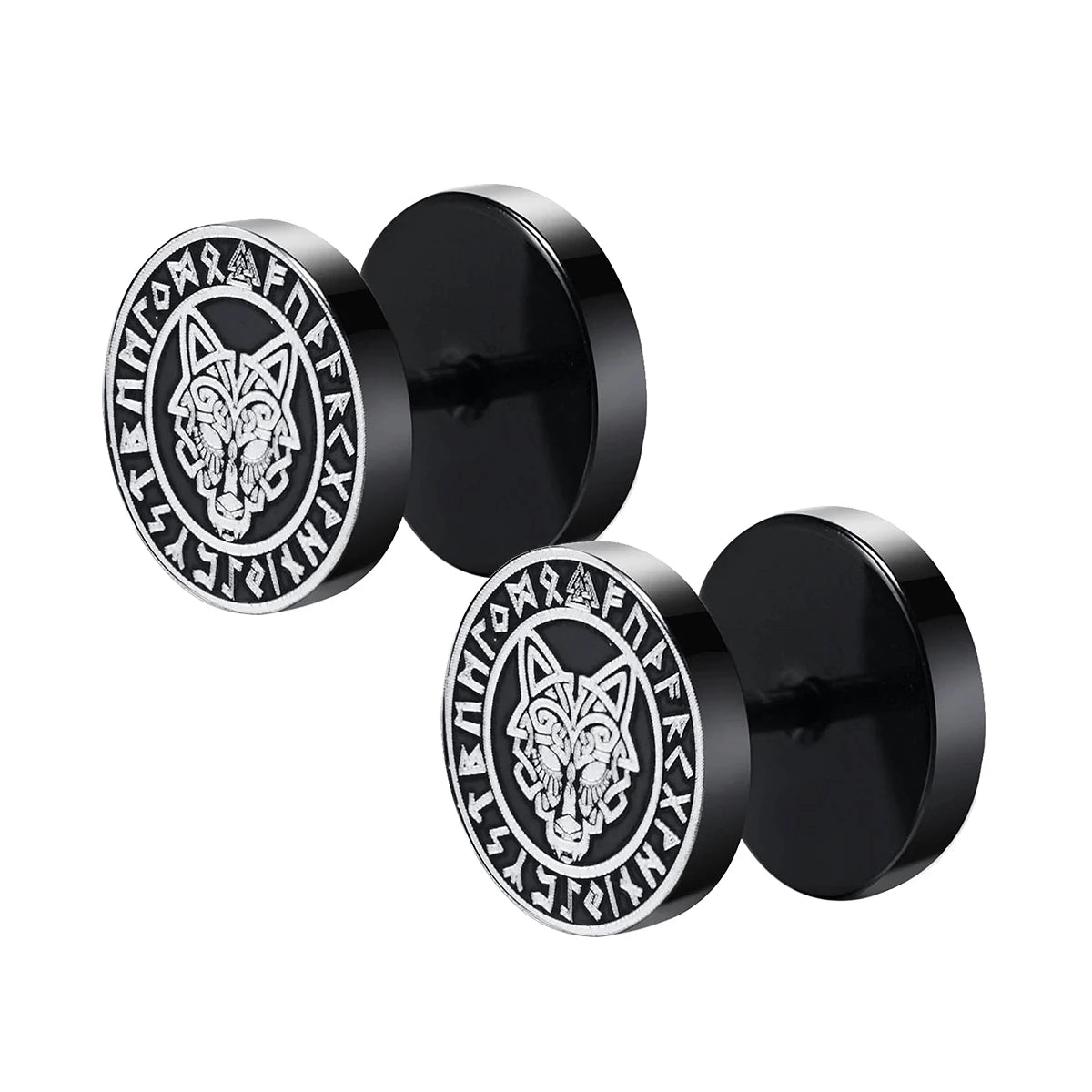 Gothic Norse Viking Runes Stud Earrings for Men Boys Rock Punk Stainless Steel Wolf Head Compass Celtic Knot Black Earrings