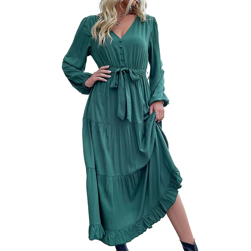 Women Casual Long Sleeve v Neck Fall Dress Bohemian Ruffled Relaxed Fit Solid Maxi Dresses Tiered Cocktail Dress