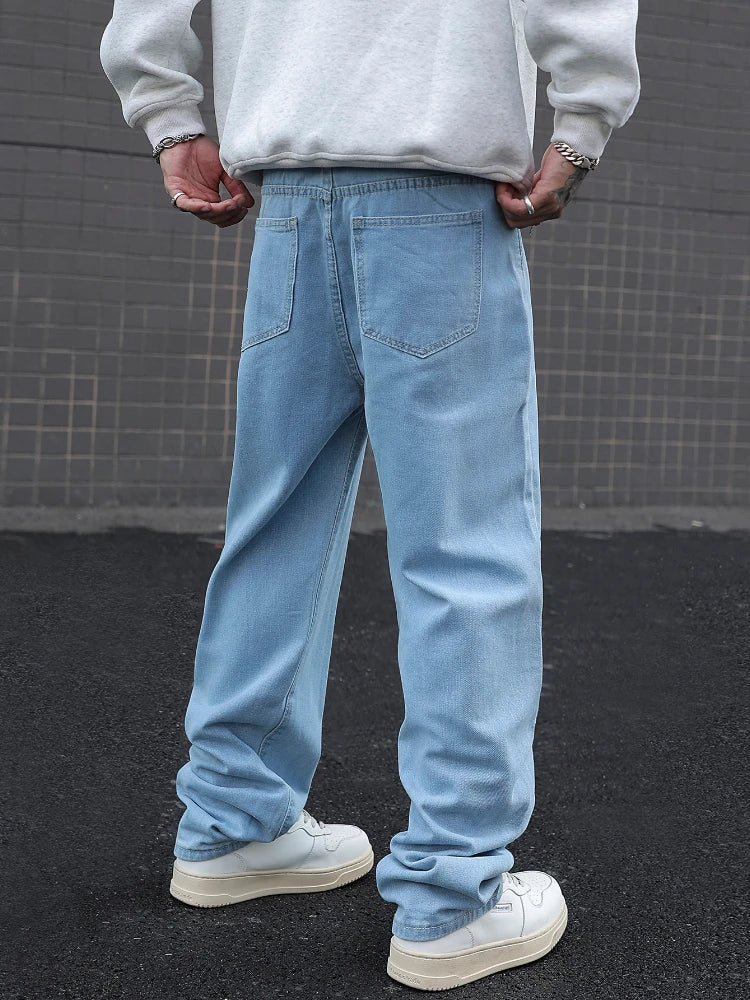 Men's Cotton Baggy Y2K Jeans Fashion Male Clothes Elastic Waist Washed Wide Leg Pants Solid Straight Loose Denim Trousers