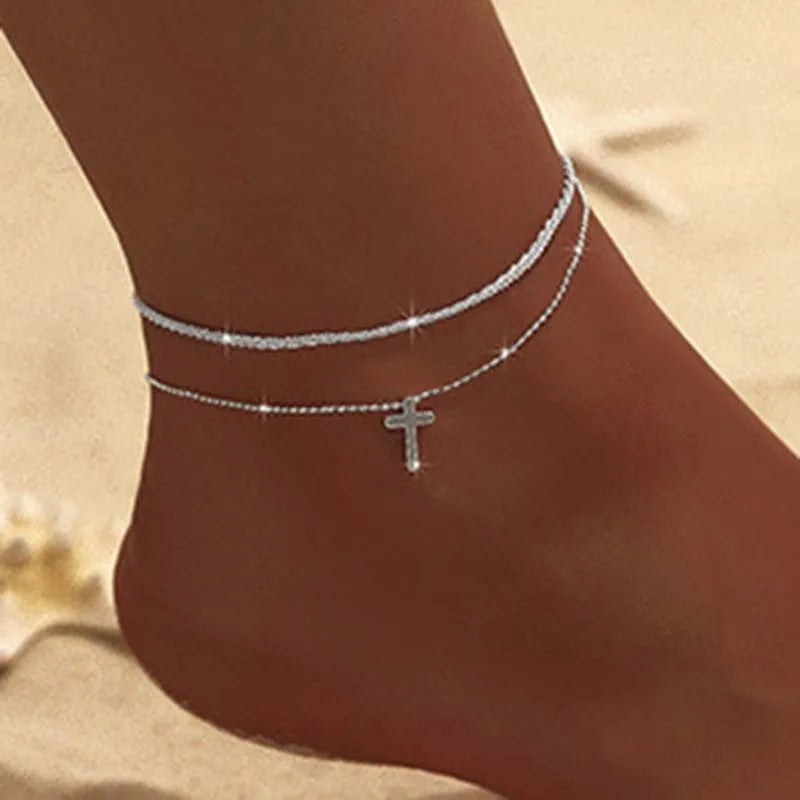 Sparkling Thin Chain Anklet For Women Zircon Heart Cross Pendant Double Layer Bracelet On Leg Foot Trendy Summer Beach Jewellery