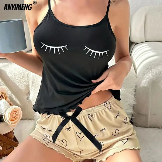 Black Gold Lashes Printed Summer Spaghetti Strap Pajamas Set for Women Tank Top Shorts Female Sexy Lingerie Sleeveless Pijamas