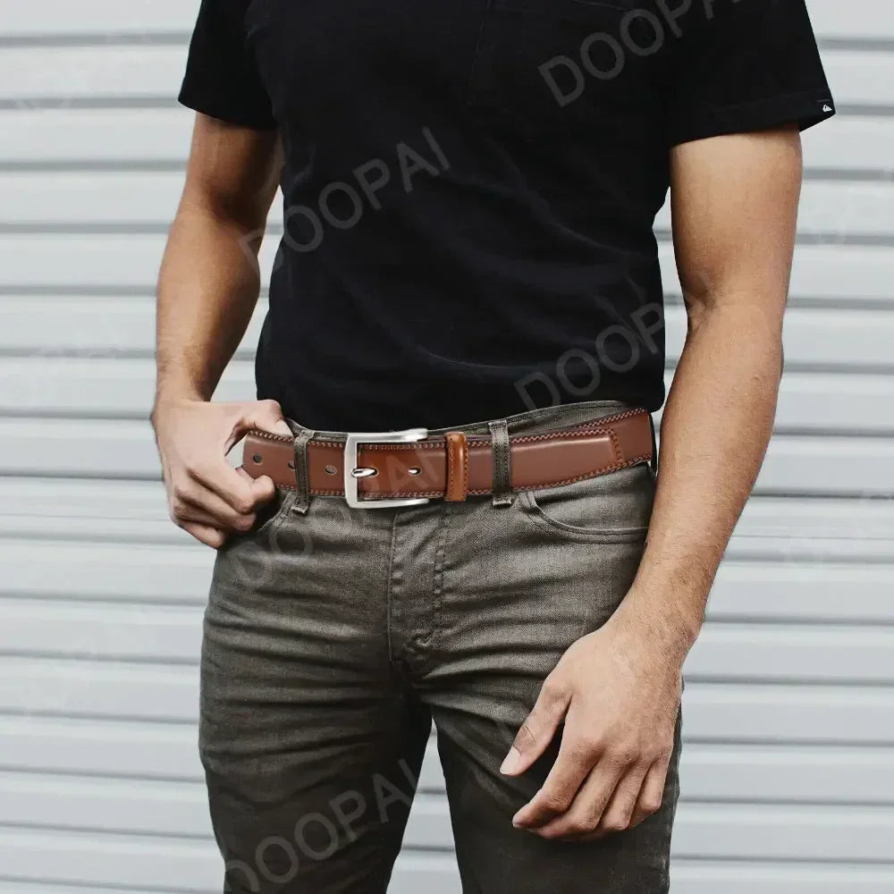 High Quality Genuine Leather LONG Large Pin Buckle Metal Automatic Buckle Male Belts Strap Male