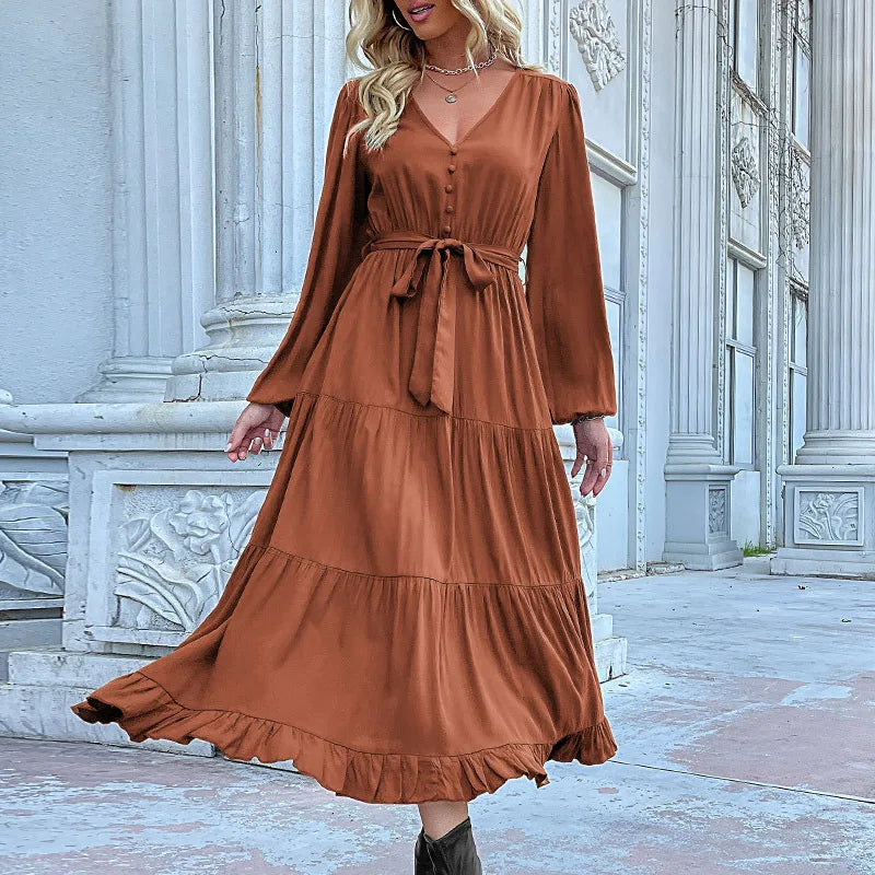 Women Casual Long Sleeve v Neck Fall Dress Bohemian Ruffled Relaxed Fit Solid Maxi Dresses Tiered Cocktail Dress