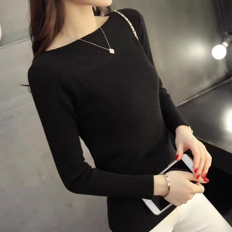 Long Sleeve Warm Bottoming Slim Sweater Rib Slash Neck Office Pullovers Solid Knitted