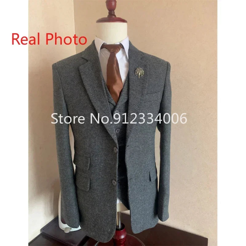 Tweed Winter Men Tuxedo Fashion 3 Piece (Jacket +Vest +Pants+Tie)