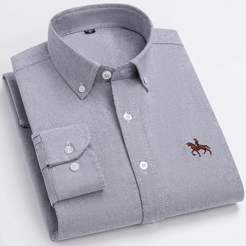 Cotton Oxford Shirt For Mens Long Sleeve Casual Business Regular-Fit Formal Dress Shirts Social Blouse Male Clothes