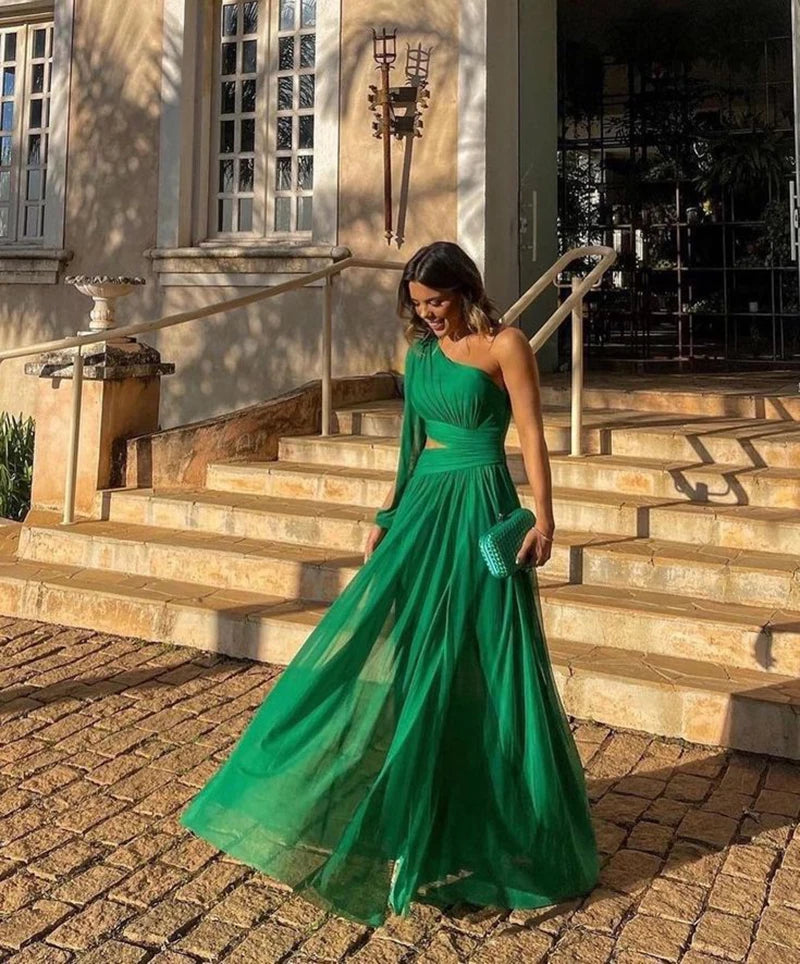 Fashion Ribbon Women Party Dress Sexy One Shoulder Hollow Out Evening Dresses Elegant Sleeveless Female Prom Vestidos Robe