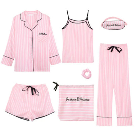 7 Pieces Set Silk Elegant Women Pajamas Print Shorts Long Sleeve Top Elastic Waist Pants Lounge Sleepwear