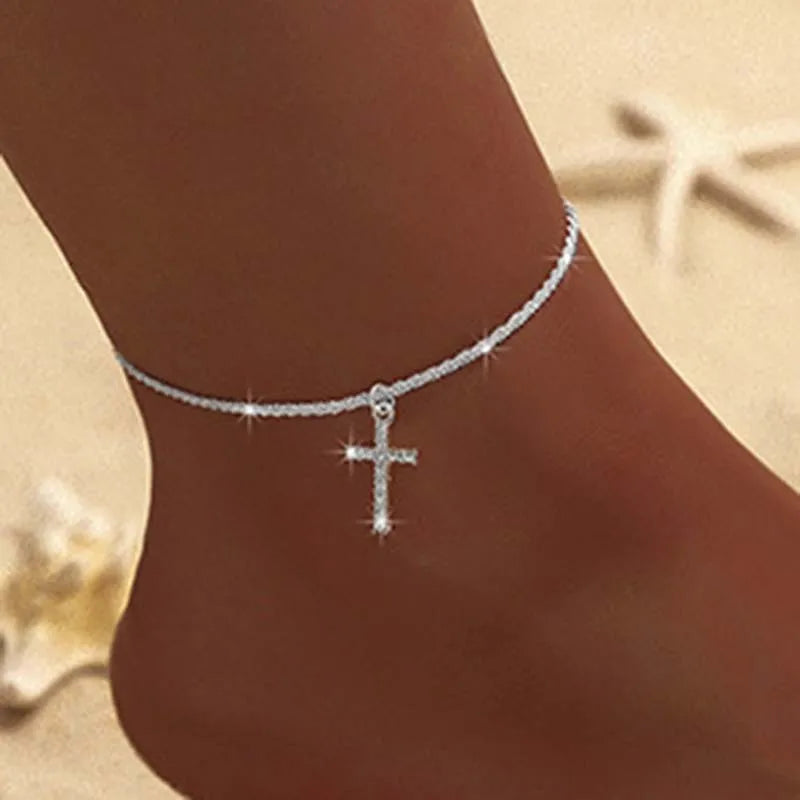 Sparkling Thin Chain Anklet For Women Zircon Heart Cross Pendant Double Layer Bracelet On Leg Foot Trendy Summer Beach Jewellery