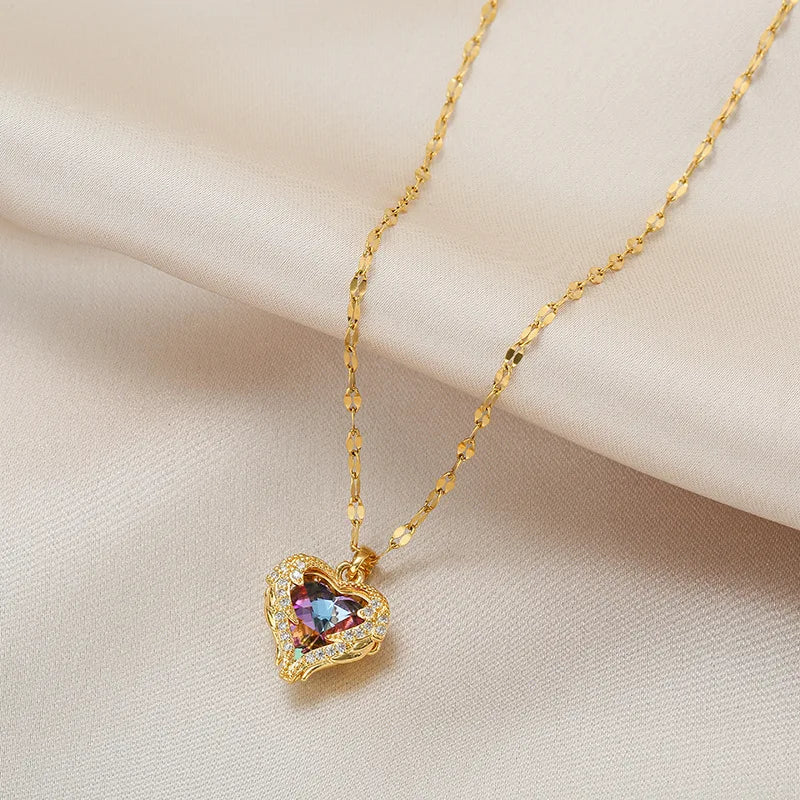 Luxury Colorful Crystal Ocean Heart Pendant Necklace For Women Trendy 316L Stainless Steel Jewellery Female Wedding Neck Chain