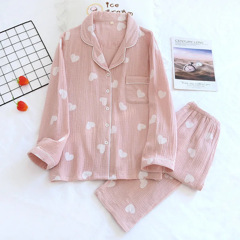 Women Pajamas 2-Piece Set 100% Cotton Gauze long sleeved pants Cute Bear Print Pajamas Homewear Ladies Pajamas Women Sleepwear