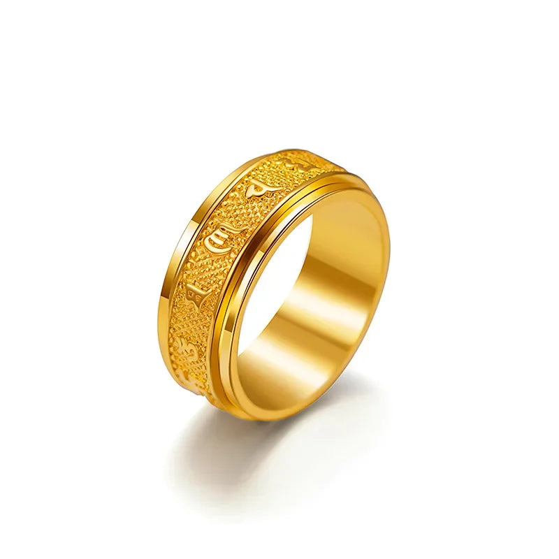 Real gold 24K yellow gold Six-character mantra rotating ring