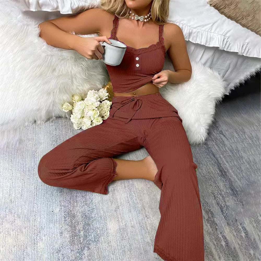 Women's Sexy Pajamas Set Summer Ribbed Sleeveless Top Long Pants Sleepwear 2 Piece Set For Women Home Casual Suspender Suit