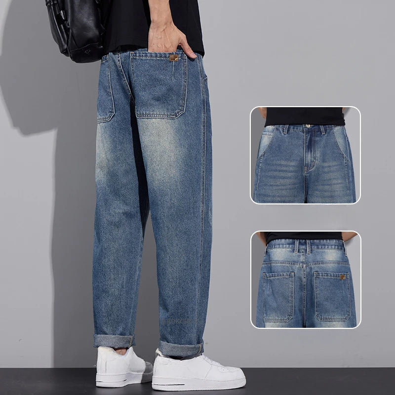 New Casual Drawstring Loose Micro-taper Men's Jeans Solid Color Streetwear Men Trousers