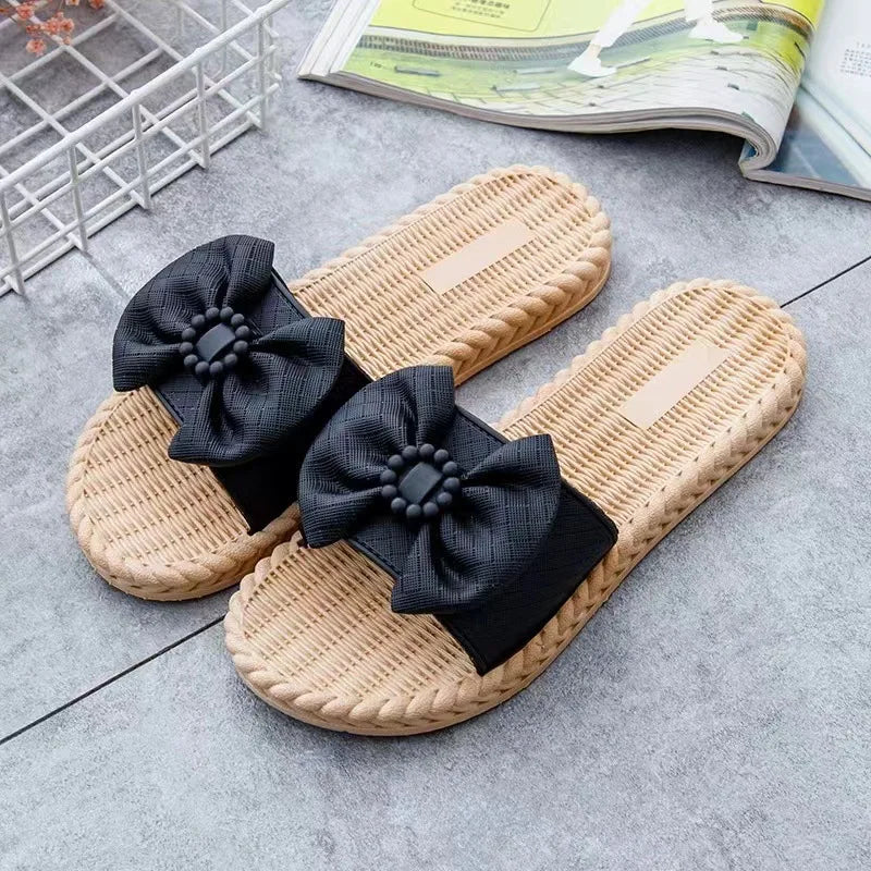 PVC Bow Women Sandals 3cm Thick Casual Shoes One line Elevated Flat Bottom Slippers