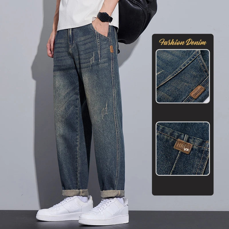 New Casual Drawstring Loose Micro-taper Men's Jeans Solid Color Streetwear Men Trousers