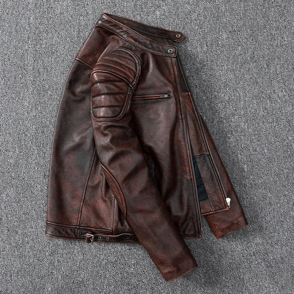 New Vintage Style Mens Cowhide Clothes Biker Genuine Leather Jacket Fashion Brown Leather slim coat men