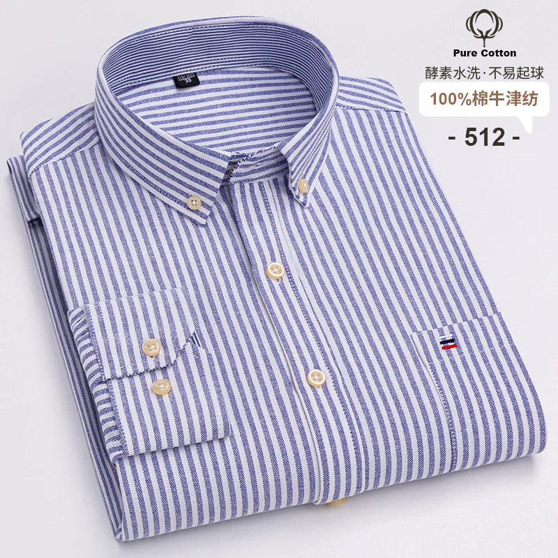 100% Cotton Oxford Men's Shirts Long Sleeves Plaid Soft Regular Fit Formal Dress