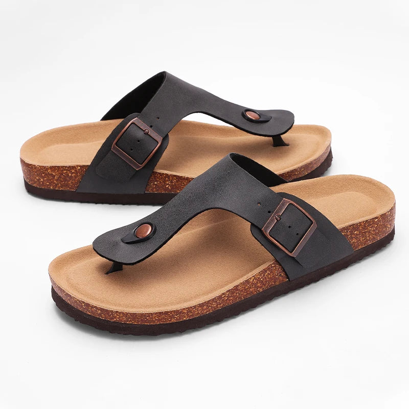 Flat Flip Flops Mens Cozy Casual Bedroom Sandals Summer Cork Slippers For Men Soft Sole Home Slides With Arch Support