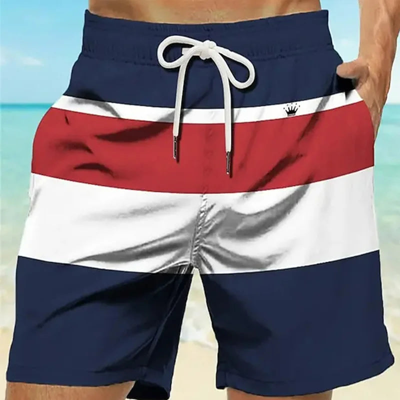 Men's Striped 3D Printed Swim Shorts Crown Logo Design Elastic Waistband Hawaiian Style Beach and Vacation Summer 2024