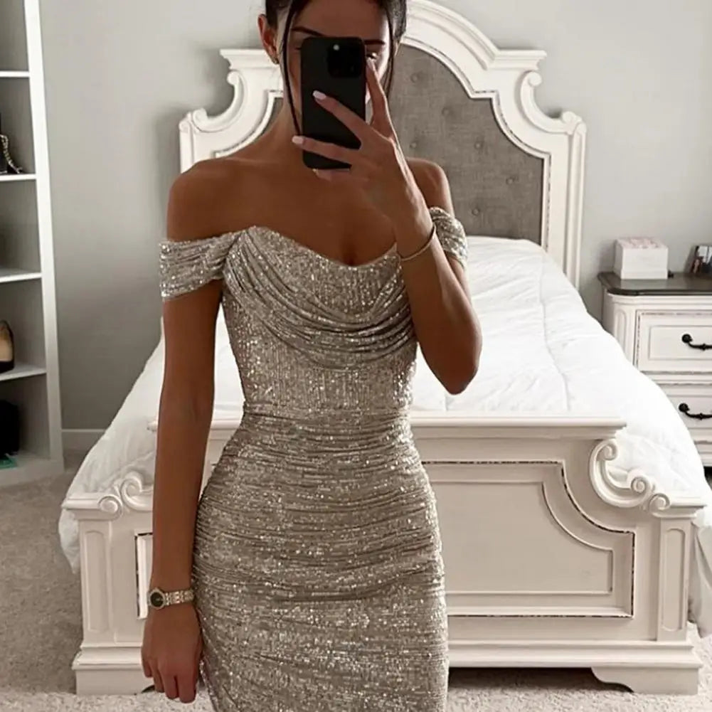 Sequined Evening Gown Sexy Low-cut Off Shoulder Slim Fit Bodycon Dress Shinny Sequins Irregular Hem Cocktail Party Midi Dress