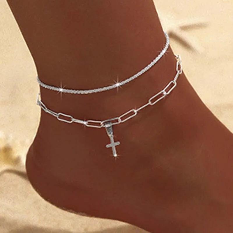 Sparkling Thin Chain Anklet For Women Zircon Heart Cross Pendant Double Layer Bracelet On Leg Foot Trendy Summer Beach Jewellery