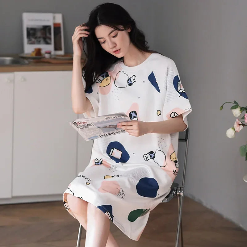 Women's  Cotton Sweet Short Sleeve Nightgown Sleep Dress Outerwear Home Clothes Dress