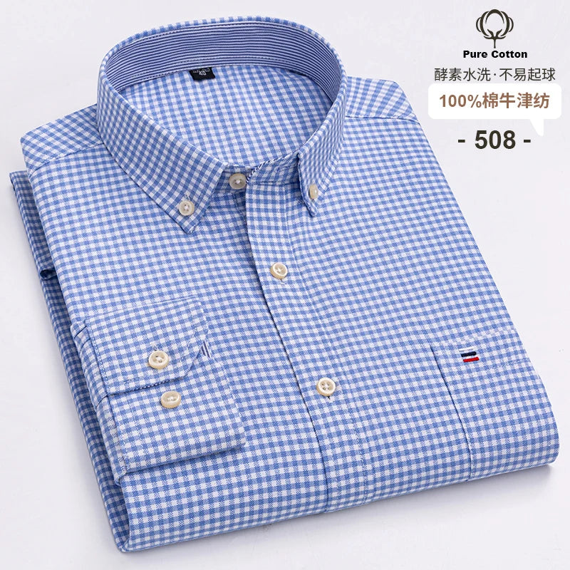 100% Cotton Oxford Men's Shirts Long Sleeves Plaid Soft Regular Fit Formal Dress