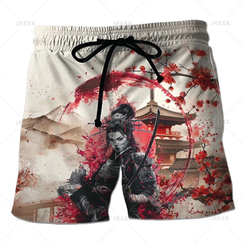 3D Japanese Samurai Warrior Printing Beach Shorts For Men Fashion Cool Streetwear Swimming Trunks Mens Clothing