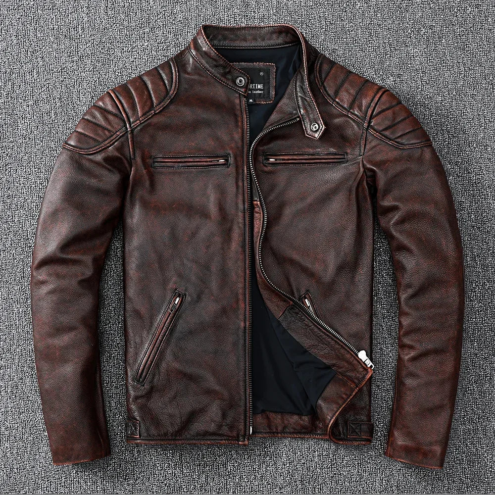 New Vintage Style Mens Cowhide Clothes Biker Genuine Leather Jacket Fashion Brown Leather slim coat men